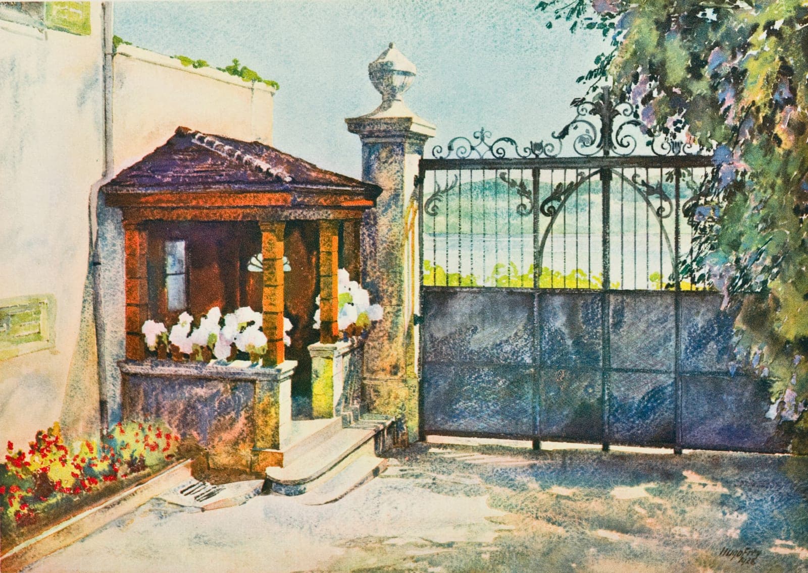 Sanatorium Kilchberg entrance, historic watercolour by Hugo Frey (about 1930)