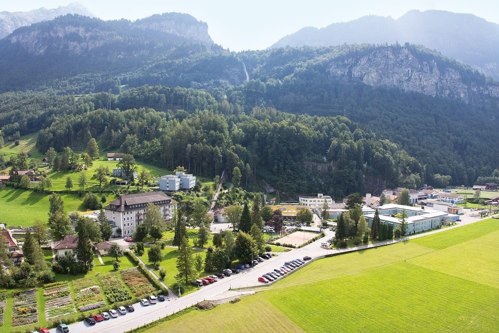 Aerial view of the Privatklinik Meiringen grounds in the Hasli Valley